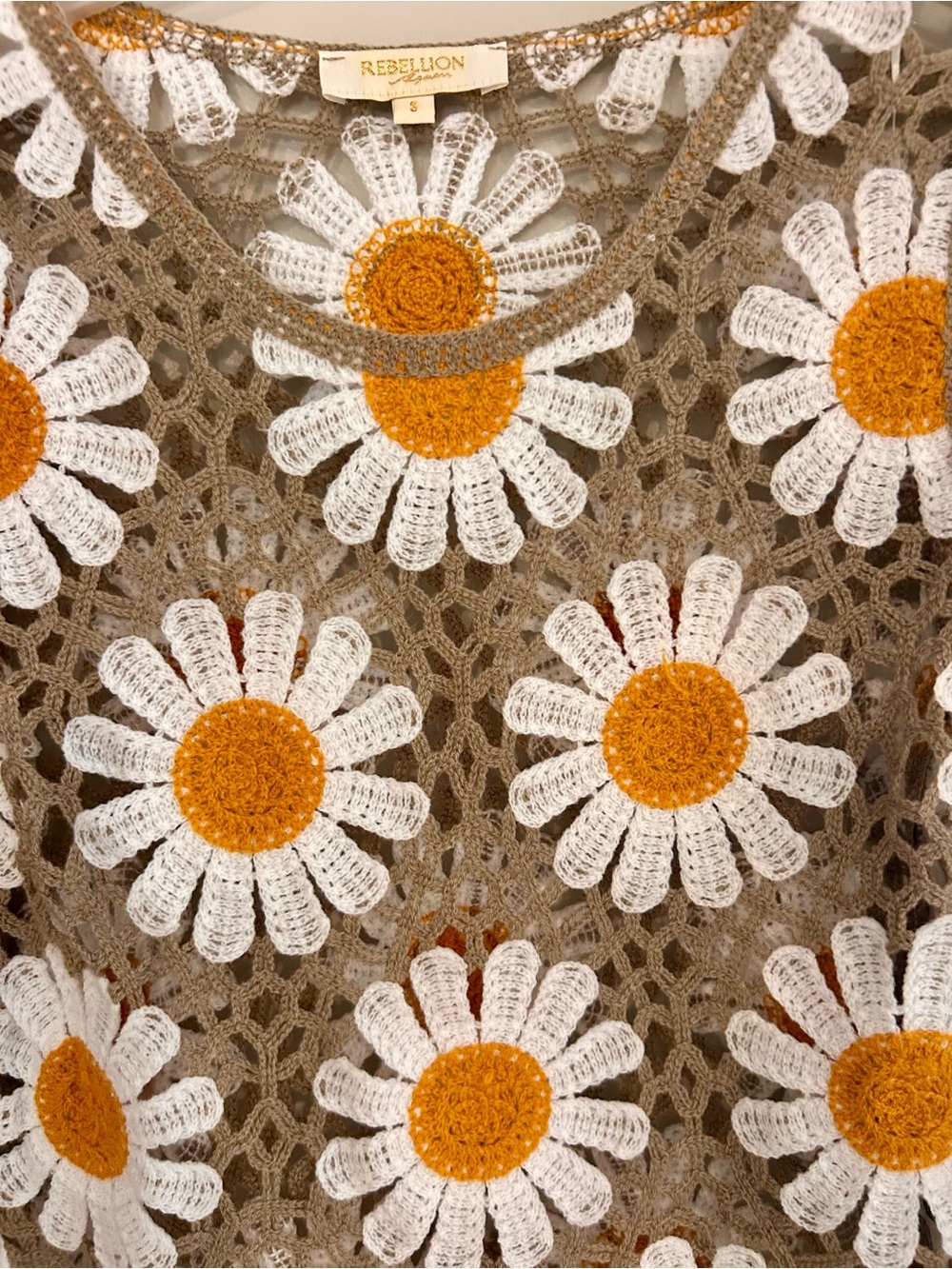 Rebellion Crochet Daisy Long-Sleeve Top in Brown, White & Gold - Picture 2 of 4